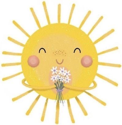 the sun is holding a bouquet of daisies in it's mouth and smiling