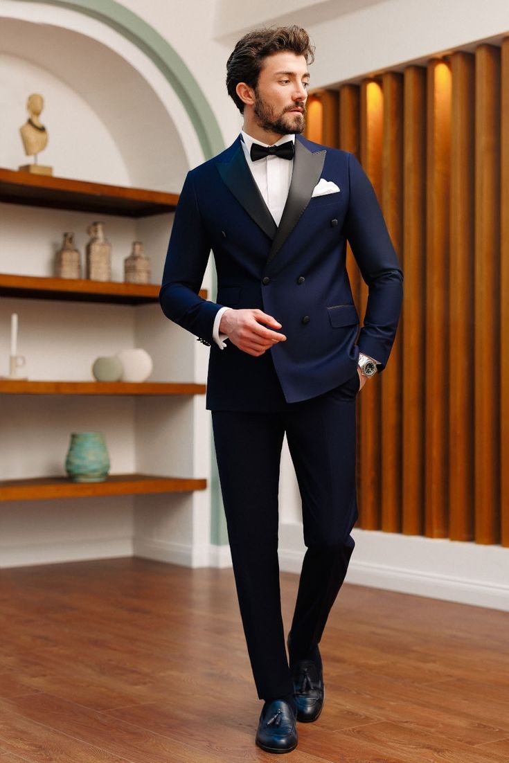 Introducing our Navy Double Breasted Tuxedo 2-Piece, a timeless ensemble exuding navy elegance with a touch of modern flair. The classic navy hue brings a sense of refinement, making it an ideal choice for various formal events. #tuxedo #suits #mensstyle #menstyle #fashion #outfit #formalwear #menfashion #fashionformen #style #dapper #gentleman #doublebreasted Man Dress Design, Prom Suits For Men, Mens Casual Suits, Suit Styles, Double Breasted Tuxedo, Suit Stores, Blazer Outfits Men, Mens Smart Casual Outfits, Blue Suit Men