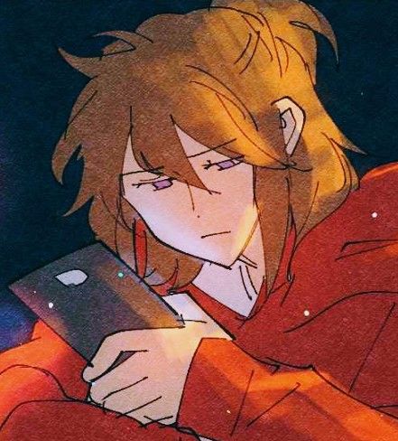 an anime character holding a cell phone in his hand and looking at the screen while wearing a red jacket