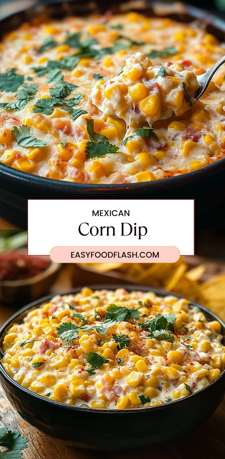 mexican corn dip in a black bowl with the title above it and an image of two bowls