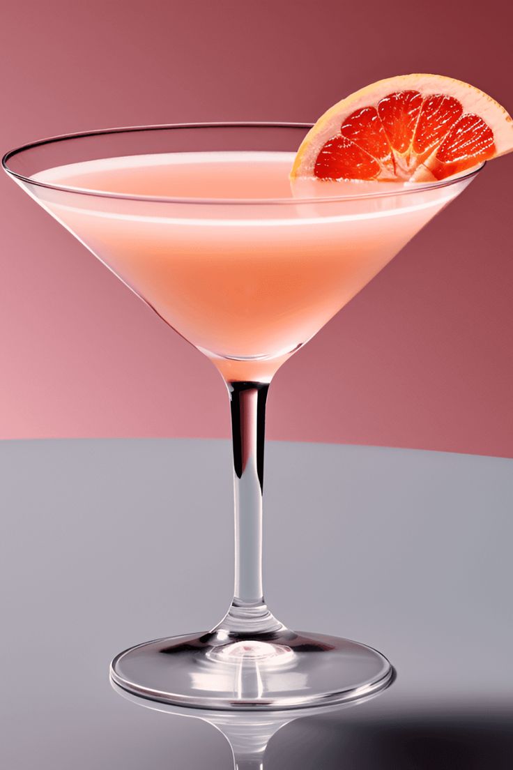 a pink drink in a martini glass with an orange slice on the rim