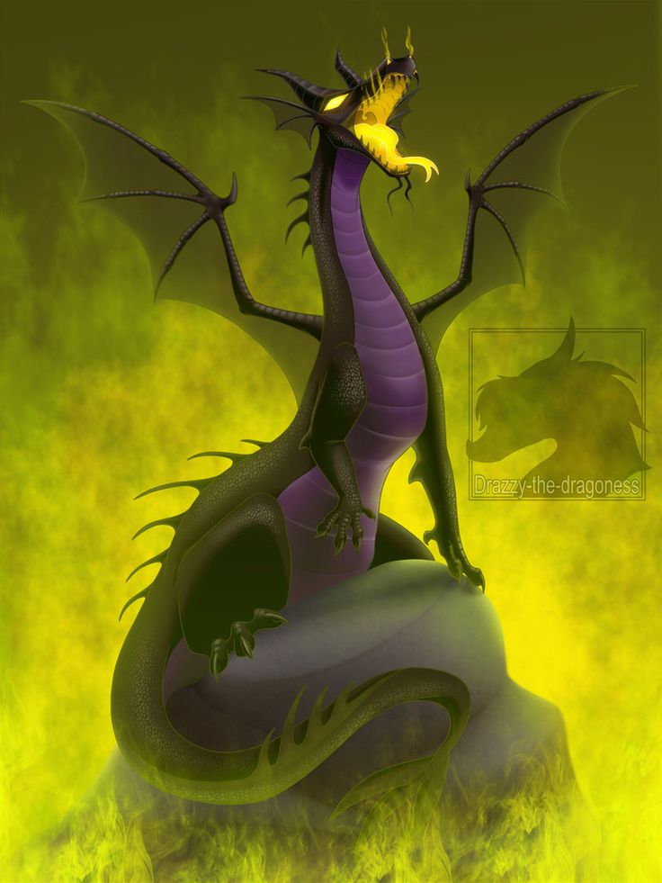 a purple and black dragon sitting on top of a green rock in front of a yellow background