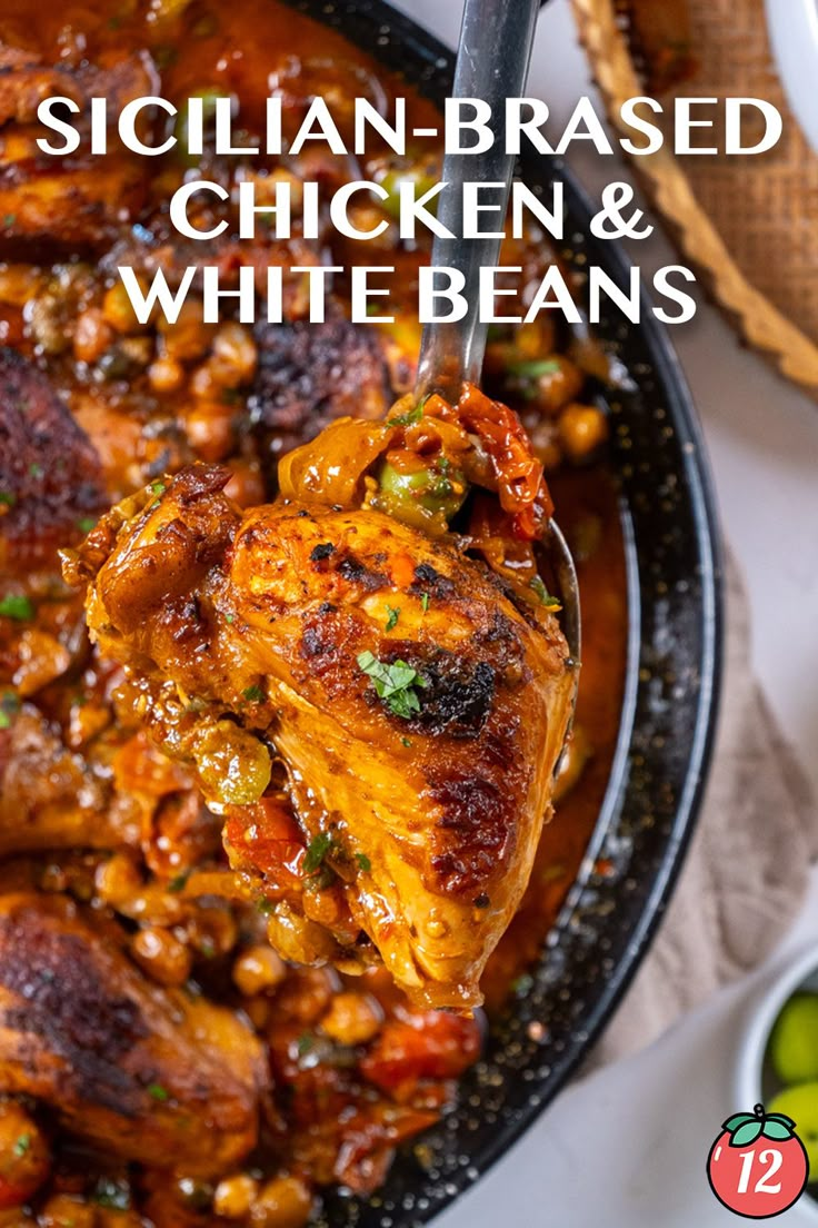 chicken and white beans in a skillet with text overlay