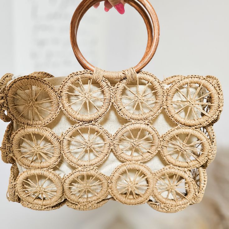 Look like the perfect slice of summer! This woven purse features a natural bag that is removable from the inside of the purse and round wooden handles. Dimensions: H 12" | W 9" | D 2.75" Dimension do not include handle Spring Top Handle Jute Straw Bag, Spring Straw Bag With Detachable Handle For Everyday Use, Summer Crochet Tote Bag With Detachable Handle, Summer Crochet Bag With Detachable Handle, Spring Brown Straw Bag With Detachable Handle, Spring Straw Bag With Detachable Handle, Spring Natural Straw Bag With Detachable Handle, Summer Brown Straw Bag With Detachable Handle, Summer Beach Bag With Detachable Handle In Natural Color