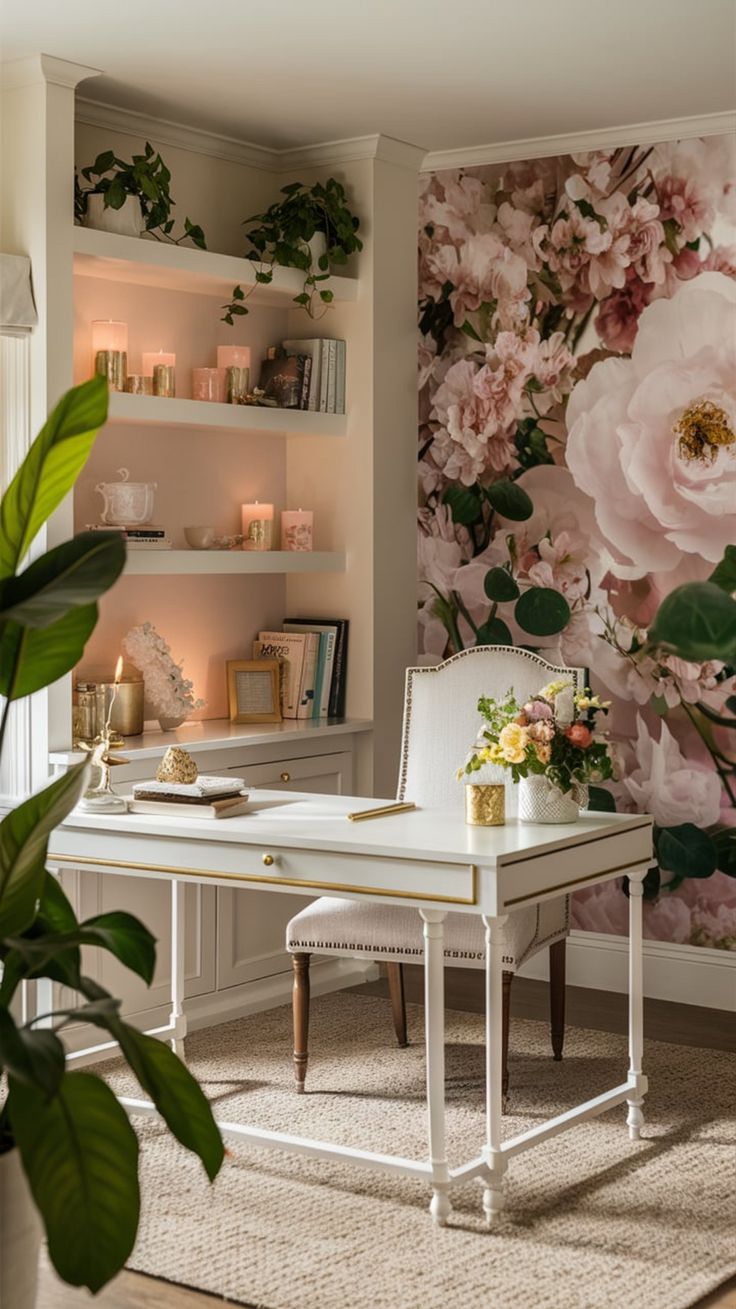 a white desk sitting in front of a wall covered in pink flowers and greenery