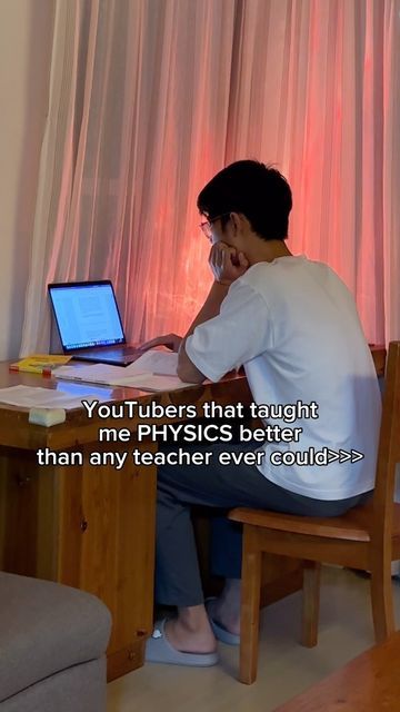 a man sitting at a desk with a laptop computer in front of him and the words youtubers that taught me physics better than any teacher ever could