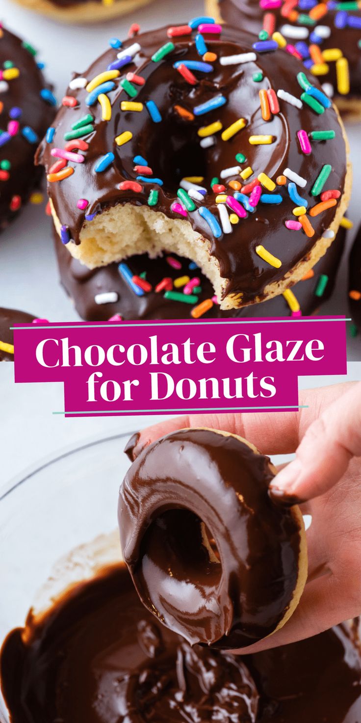 chocolate glaze for donuts is being drizzled with chocolate and sprinkles