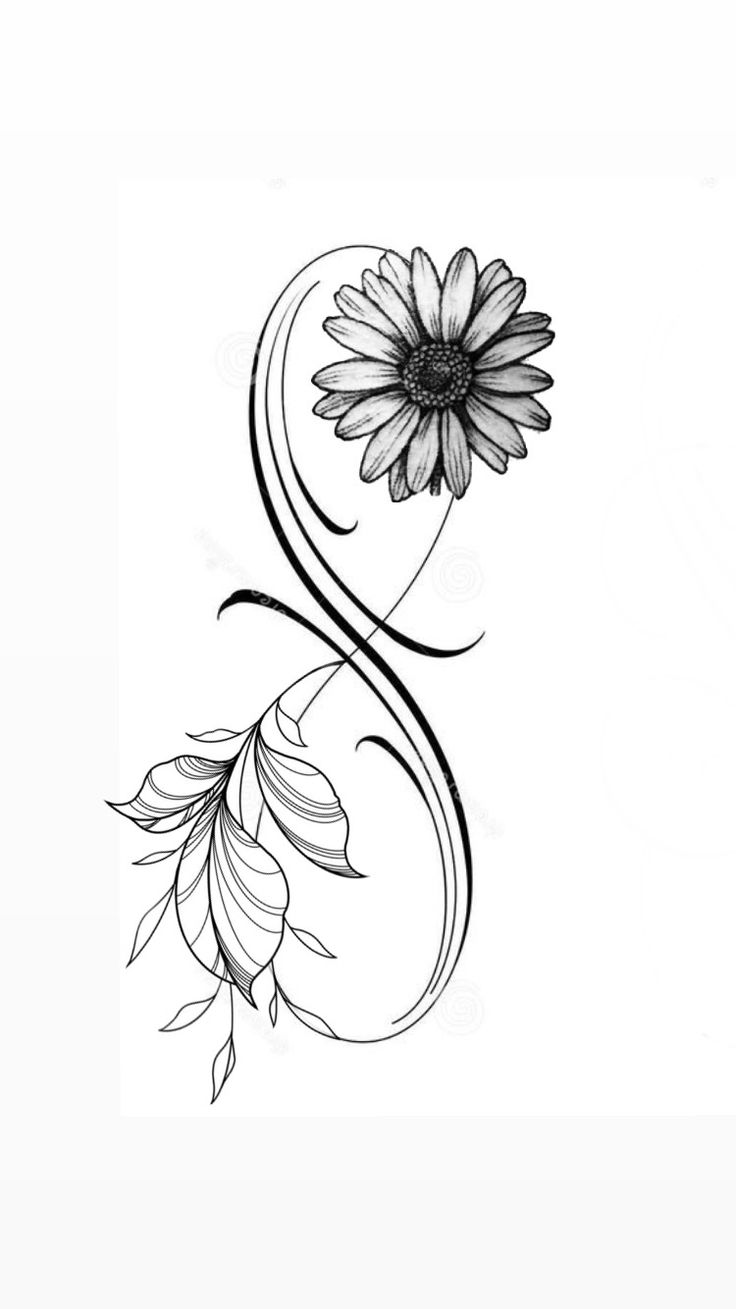 a black and white drawing of a flower with swirls on the bottom half of it