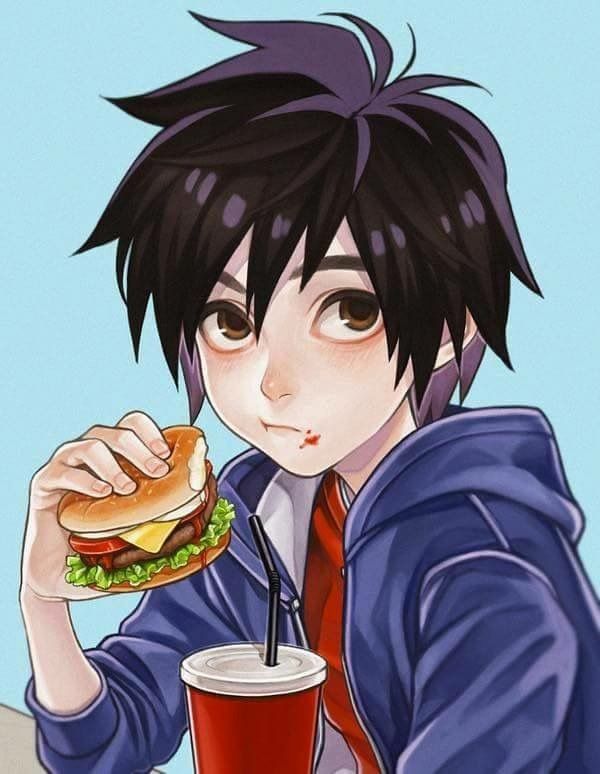 an anime character is eating a hamburger and holding a drink