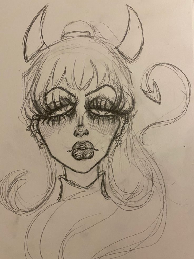 a drawing of a woman with horns on her head