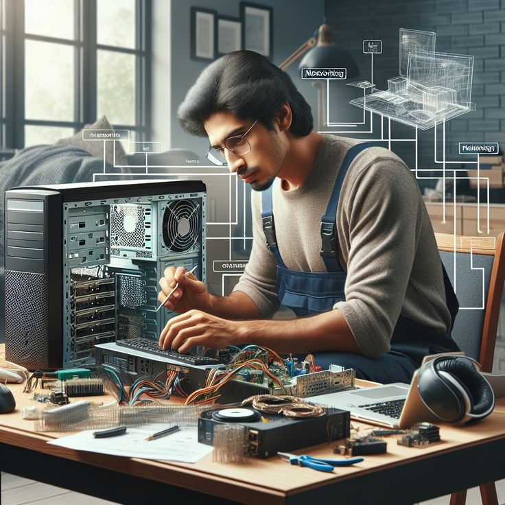 a man working on a computer surrounded by wires and other electronic components in front of him