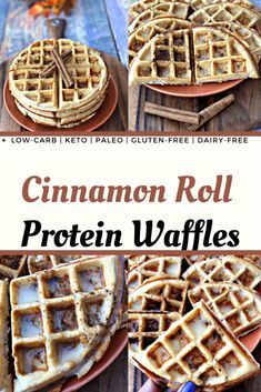 cinnamon roll protein waffles on a plate with text overlay that reads, cinnamon roll protein waffles