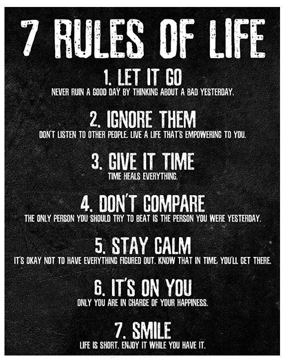 the seven rules of life poster on black paper with white writing and an image of a person's face