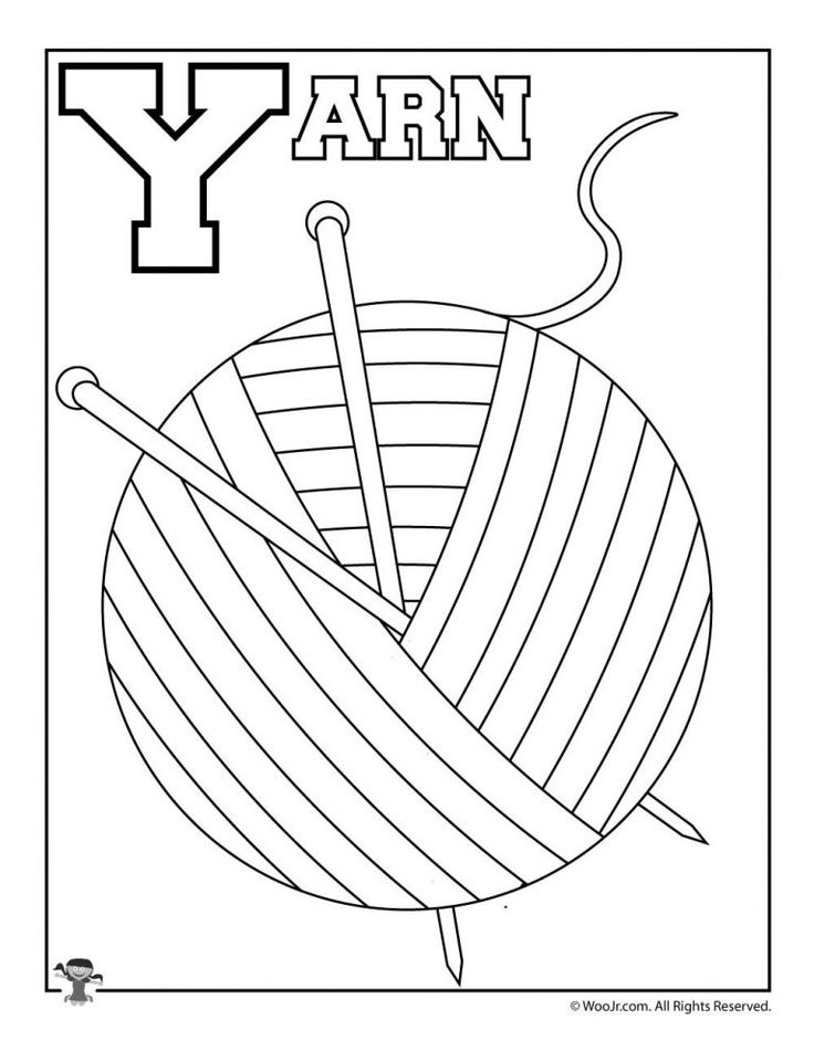 yarn ball and knitting needles with the letter y in the background coloring page for kids