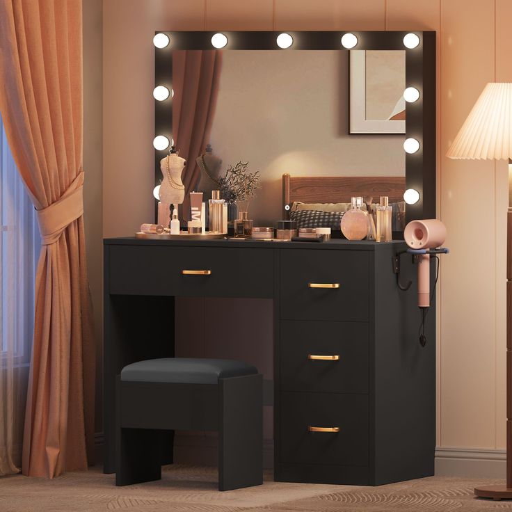 a vanity with lights on it and a stool in front of the mirror next to it