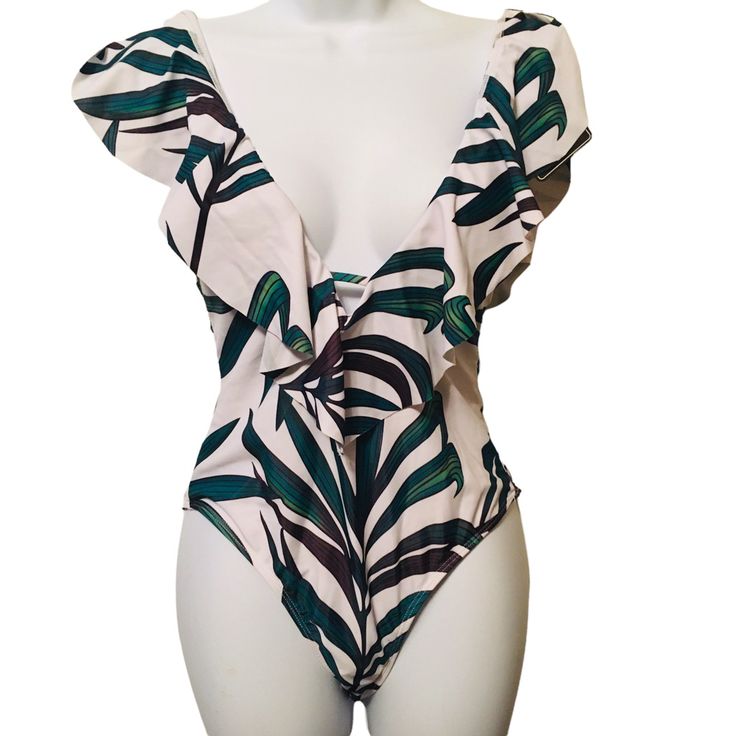 Zaful Green White Black Swimsuit Size M Brand New Condition White V-neck Tropical Swimwear, White Beachy Swimwear With Palm Tree Print, Green Floral Print Bodysuit For Beach, Tropical Spring Bodysuit For Pool, Tropical Spring Bodysuit For Poolside, Tropical Spring Pool Bodysuit, Spring Tropical Printed Bodysuit, Printed Green Bodysuit For Vacation, Spring Tropical One-piece Bodysuit