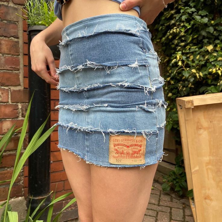 Depop Inspiration, Customised Jeans, Patchwork Skirts, Stitch Clothing, Thrift Flips, Stitch Clothes, Fashion School, Recycled Jeans, Patchwork Skirt