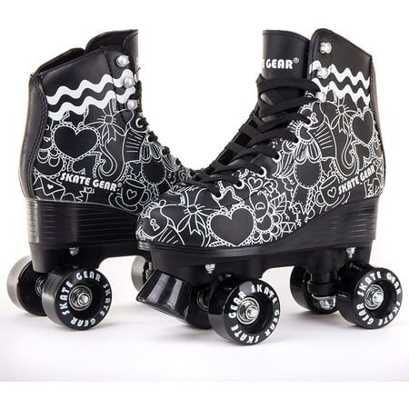 a pair of roller skates with hearts and skulls on them