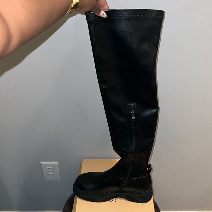 Nwt, Never Worn. Size 9 However To Me They Fit More Like A 8. Could Nicely Paired With Mini Shirts/Dresses. - Heel Measures Approximately 1.9 Inches/ 5cm - Faux Leather Upper - Fits True To Size Thigh-high Platform Boots For Streetwear, Casual Knee-high Platform Boots For Night Out, Casual Black Thigh High Platform Boots, Casual Black Thigh-high Platform Boots, Edgy Black Over The Knee Platform Boots, Edgy Black Over-the-knee Platform Boots, Fitted Black Knee-high Boots For Streetwear, Casual Knee-high Faux Leather Platform Boots, Casual Faux Leather Knee-high Platform Boots