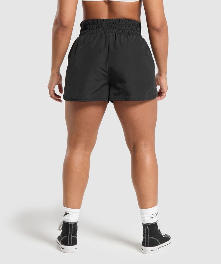 Gymshark Retro Waistband Shorts - Black Training Shorts With Elastic Side Panels, Sports Bottoms With Elastic Side Panels In Short Length, Training Bottoms With Elastic Waistband And Short Leg, High Waist Nylon Shorts With Elastic Waistband, High Waist Training Bottoms, Black Training Bottoms Short Length, Black High Waist Athletic Shorts With Elastic Waistband, Short Training Bottoms With Elastic Waistband, Black Athletic Shorts With Ribbed Waistband