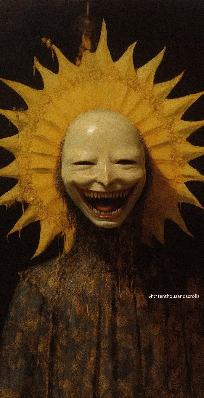 a creepy mask with sunflowers on it's head is shown in front of a black background