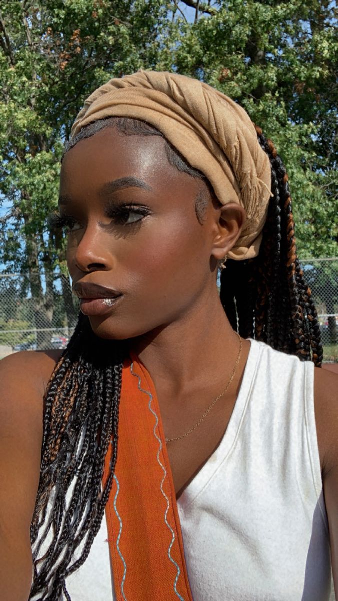 Scarf Hairstyles Black Braids, Styling Box Braids With Scarf Head Wraps, Braids With Scarf Black Women, Scarfs And Braids Black Women, Braids And Scarf Black Women, Big Cornrows, Headwrap Hairstyles, Latina Hair, Braided Scarf