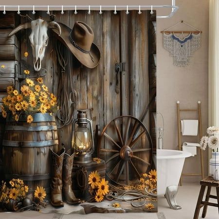 the shower curtain is decorated with sunflowers and cowboy boots