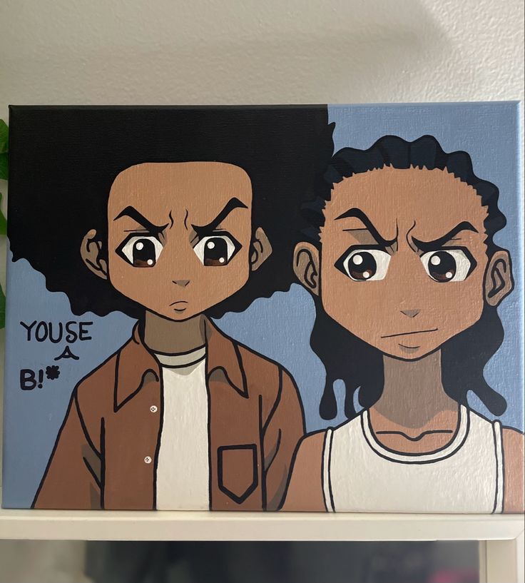 an image of two people painted on canvases