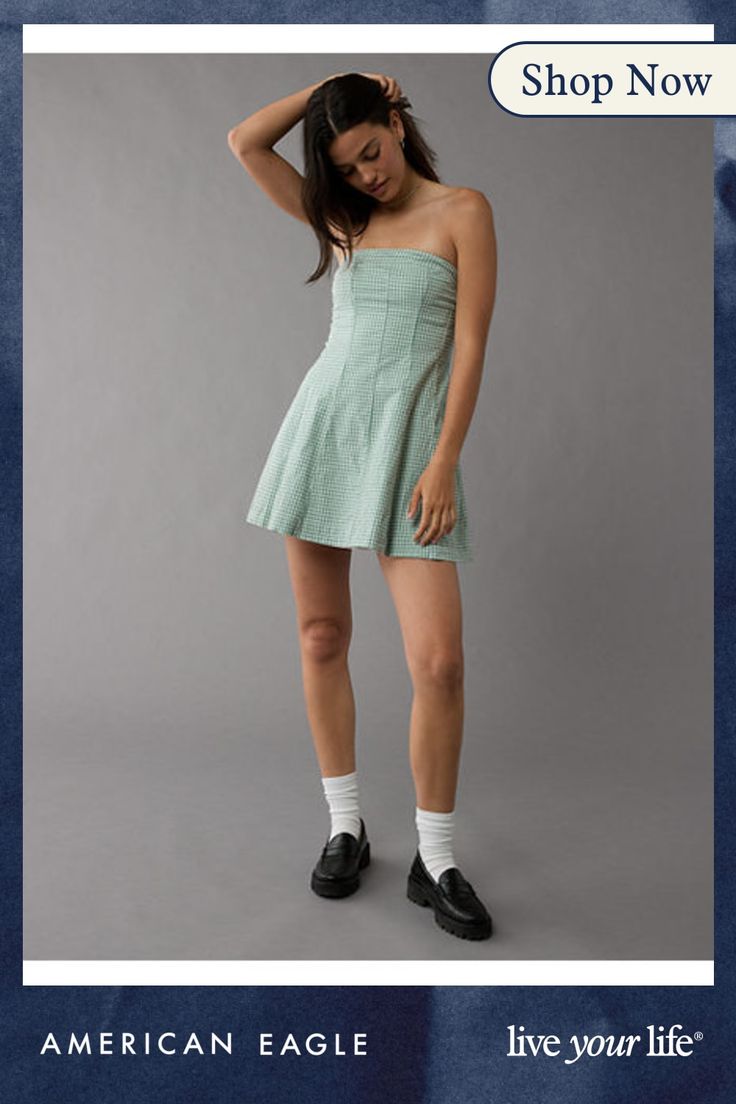 Strapless tube top/Vertical seaming Green Strapless Casual Mini Dress, Cotton Mini Length Tube Top, Green Fitted Mini Length Tube Top, Chic Fitted Bodice Tube Top, Mini Length, Spring Strapless Mini Dress With Built-in Bra, Women's Jeans, Tube Top, American Eagle Outfitters, American Eagle