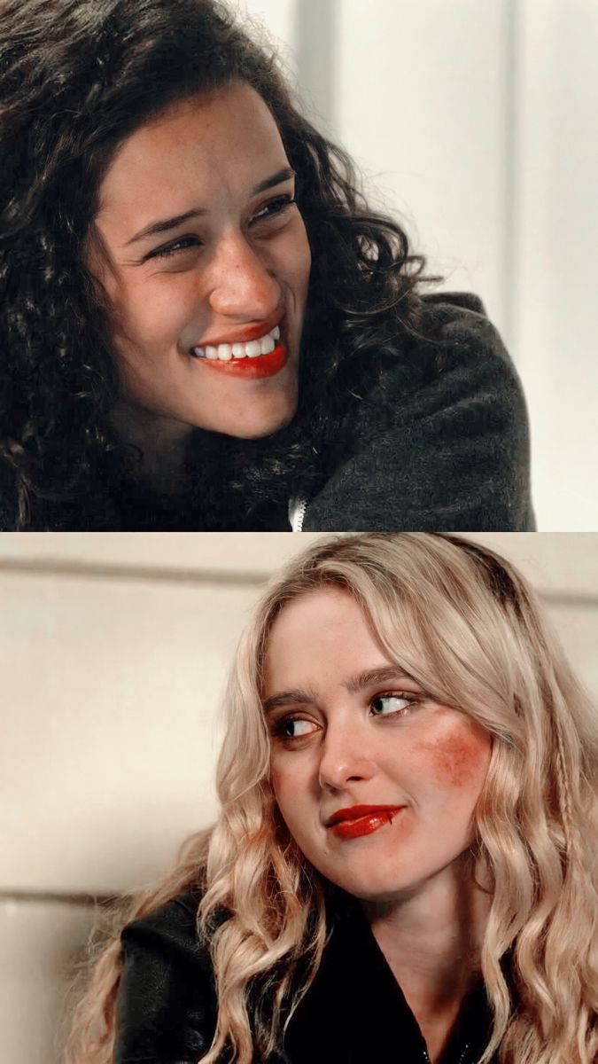 two different pictures of a woman with red lipstick on her face and the same photo of herself smiling