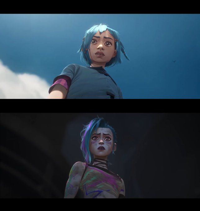 two different images of a woman with blue hair and green eyes, one is looking up at the sky