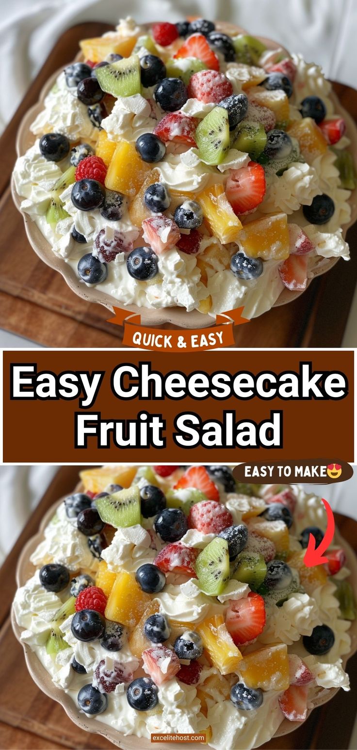 easy and easy cheesecake fruit salad recipe on a wooden platter with text overlay