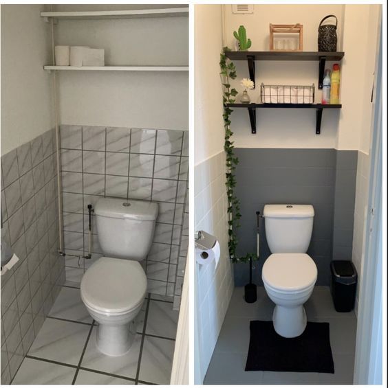 two pictures side by side one has a toilet and the other has a shelf above it