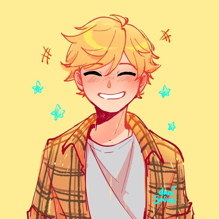 a drawing of a person with blonde hair and a plaid jacket on, smiling at the camera