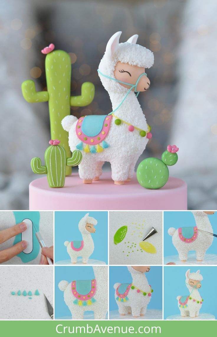 a collage of photos showing how to make a llama cake topper