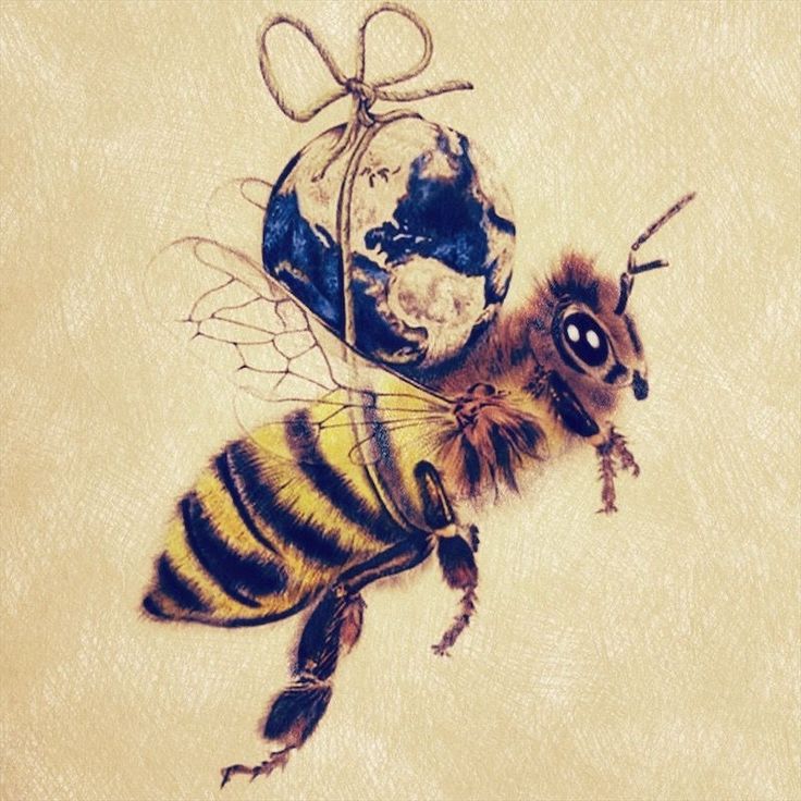 a drawing of a bee with a globe on it's back