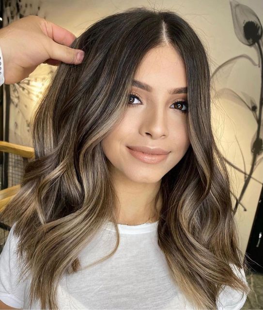 Brown Hair With Glaze, Darker Base With Blonde Highlights, Dark Brown Hair With Caramel Bayalage, Natural Baby Lights Hair Brunette, Summer Hair Color For Olive Skin Tone, Matte Brown Hair, Low Matinance Hair Color, Black Shadow Root To Brown, Hazelnut Balayage Brunettes