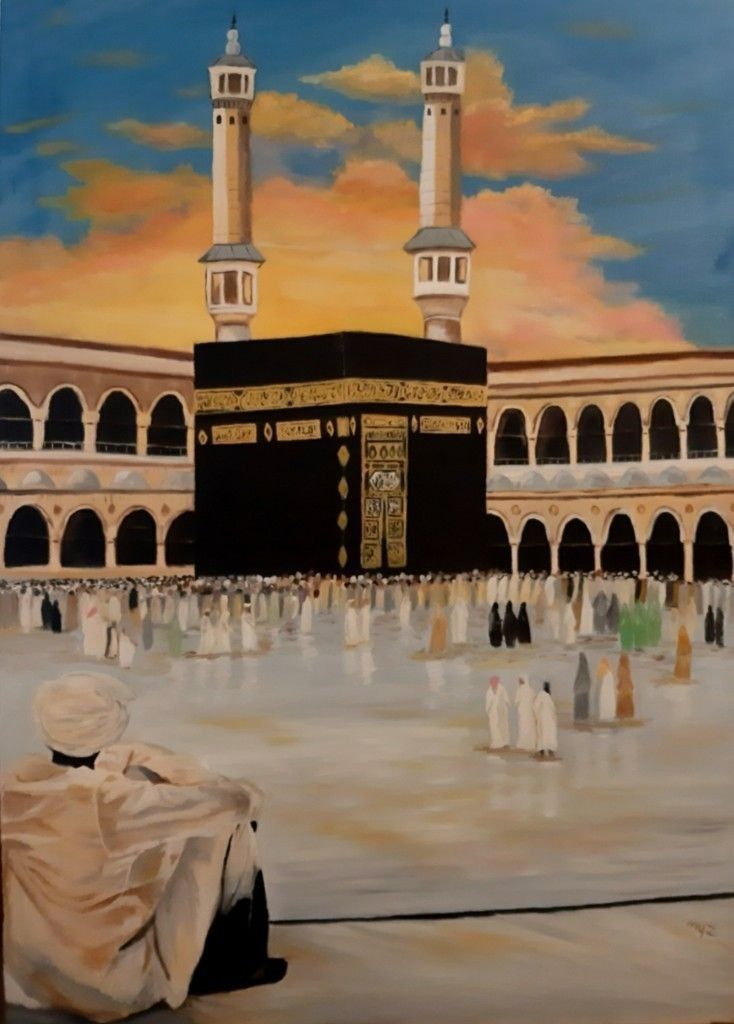 an oil painting of the ka'bah in the middle of a large courtyard