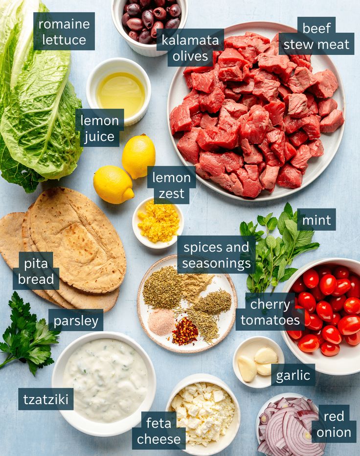 the ingredients for this meal include meat, lettuce, tomatoes, olives, and pita bread