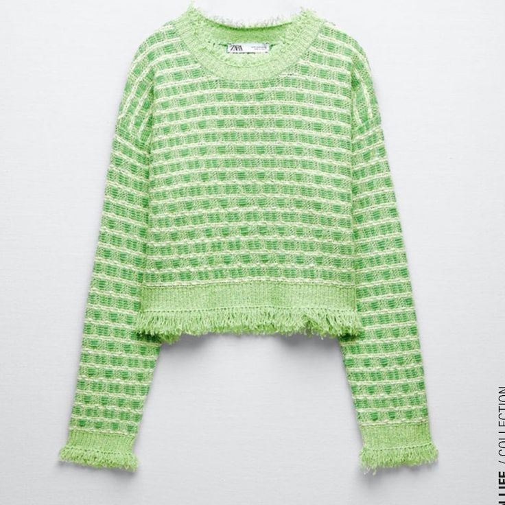 Zara Frayed Knit Sweater Green Spring Sweater, Green Textured Knit Cropped Sweater With Crew Neck, Green Long Sleeve Textured Cropped Sweater, Spring Green Textured Knit Sweater, Chic Textured Green Knit Sweater, Chic Green Textured Knit Sweater, Chic Zara Crew Neck Sweater, Green Textured Knit Top For Spring, Spring Green Textured Knit Top