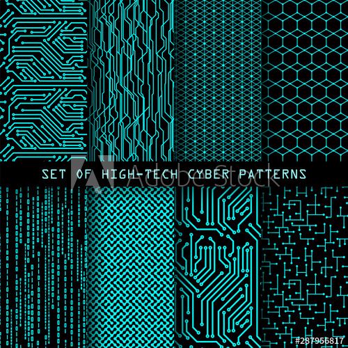 Vector: Set of seamless cyber patterns. Circuit board texture. Digital high tech style vector backgrounds. Circuit Board Aesthetic, Cyberpunk Texture, Electronic Tattoo, 3d Music, Circuit Board Design, Tech Aesthetic, Tech Background, Art Appliqué, Tech Art