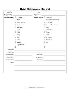 the hotel maintenance request form is shown in this file, it includes several important tasks