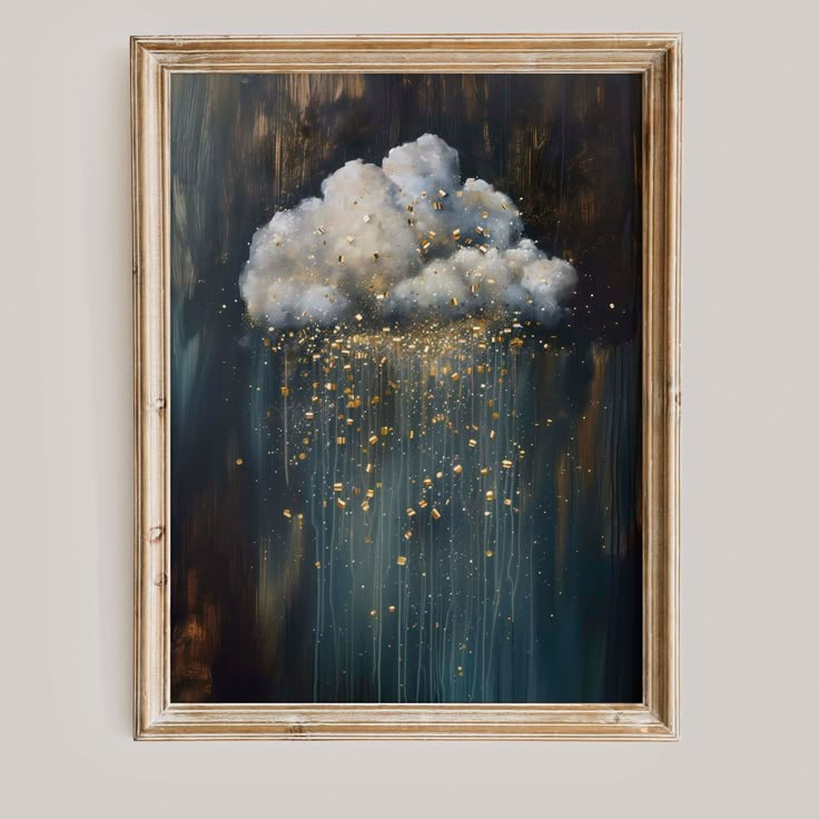 an oil painting of a cloud with rain coming out of it's center and gold flecks falling from the clouds