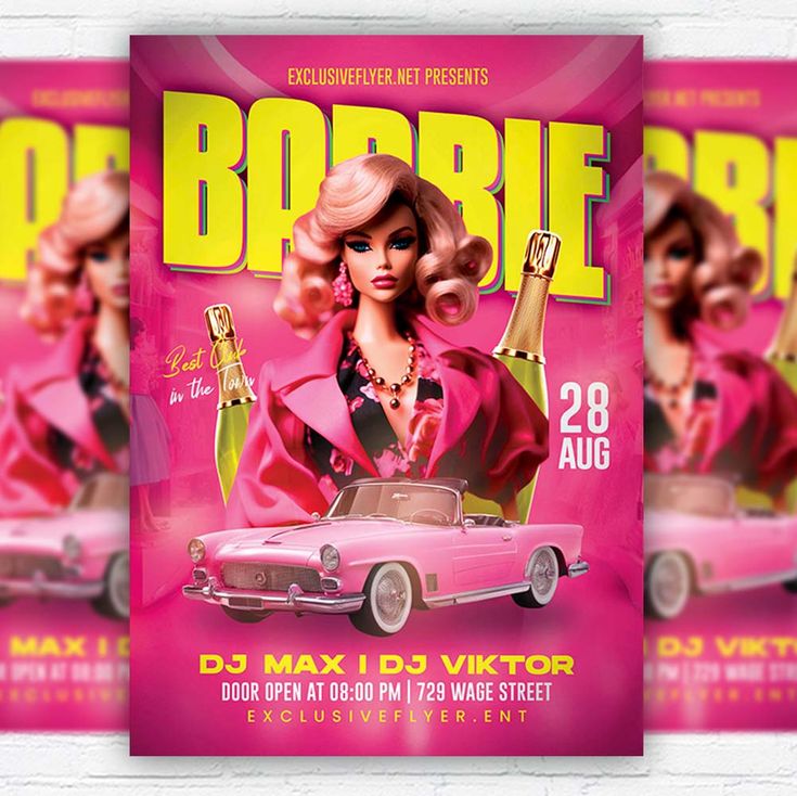 a pink flyer for a party with barbie dolls on the front and back cover, along with an image of a woman in a car