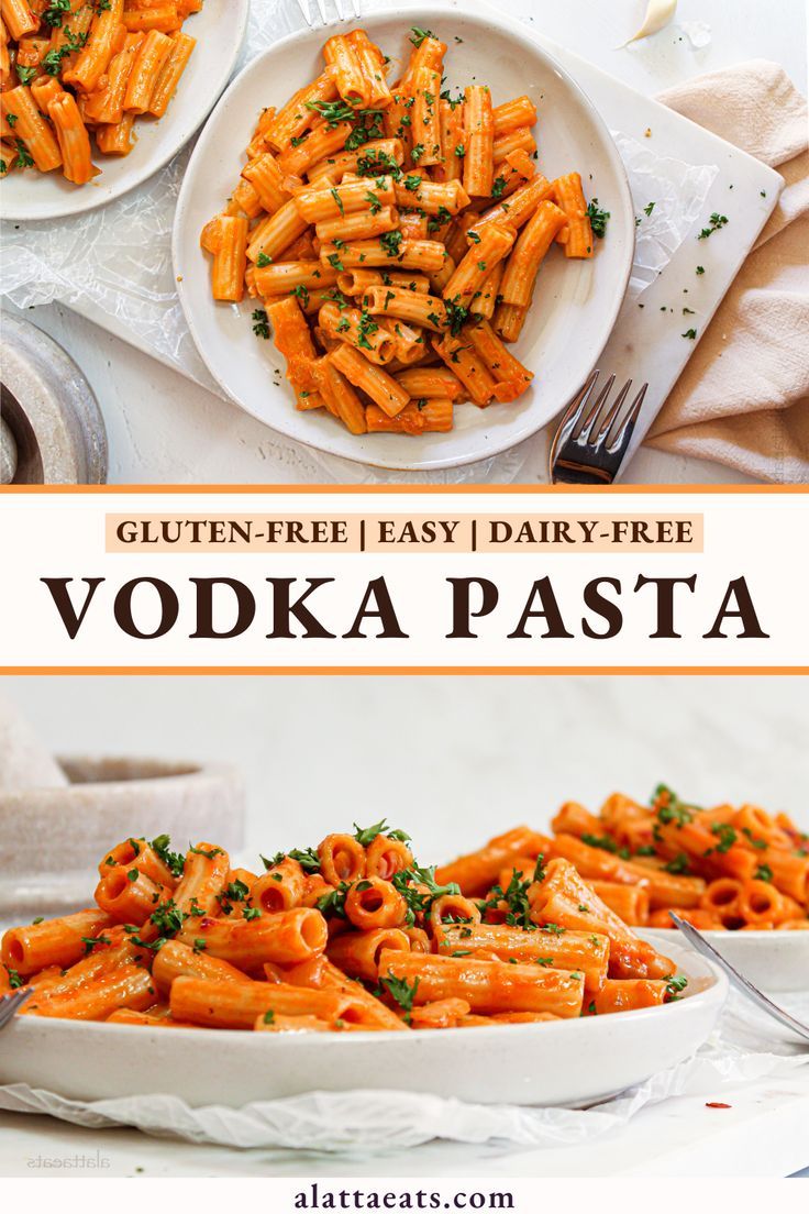 two plates filled with pasta and garnished with parsley next to a bowl of sauce