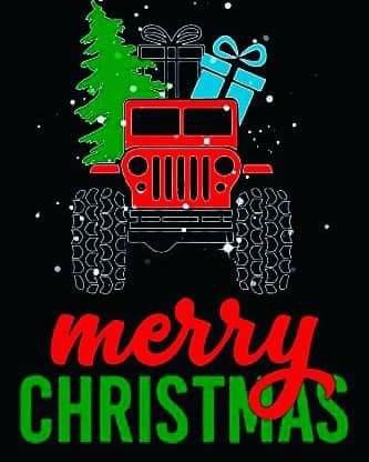 merry christmas jeep with presents and tree