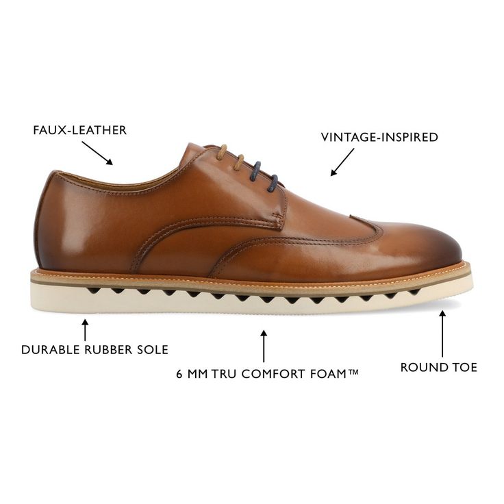 Introducing the Evander derby shoe from Vance Co., a seamless fusion of style and comfort with its 1-inch heel, lace-up closure, and classic round toe design. Crafted from faux leather this style offers a fashionable choice for various occasions. The mesh lining, 6 mm Tru Comfort Foam™ footbed, and rubber outer sole ensure breathability, comfort, and support, making the Evander a versatile and conscious addition to your footwear collection. Wingtip Oxfords With Removable Insole For Derby, Derby Wingtip Oxfords With Removable Insole, Low-top Oxfords With Contrast Sole, Leather Moc Toe Shoes With Contrast Sole For Derby, Wingtip Leather Shoes With Contrast Sole For Derby, Derby Wingtip Leather Shoes With Contrast Sole, Derby Moc Toe Oxfords With Textured Sole, Classic Lace-up Oxfords With Contrast Sole, Moc Toe Oxfords With Textured Sole For Derby