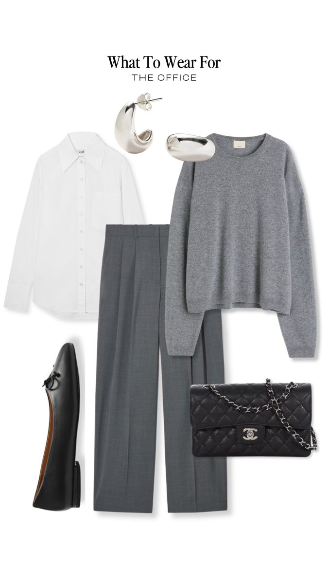 Grey tailored trousers with a white shirt, cashmere knit, black ballet flats, Chanel classic flap & silver hoops for a smart office look. Gray Business Casual Outfits, Gray Pants Office Outfit, Office Outfit Grey Pants, Dark Gray Pants Outfit For Work, Light Grey Outfits For Women, Charcoal Grey Pants Outfit, Dark Grey Pants Outfit For Work Women, Dark Gray Trousers Outfit Women, Light Grey Pants Outfit For Work Women