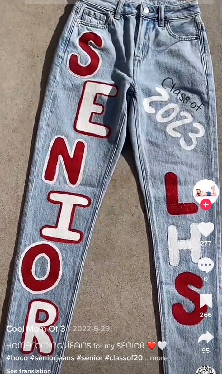 Senior Sunrise Pants Ideas, Decorated Senior Jeans, Class Of 2024 Jeans, Senior Overalls Black And Gold, Senior Jean Inspiration, Senior Sweatpants Ideas, Senior Jeans Red And White, Senior Pants High Schools 2025, Senior Shorts Painted