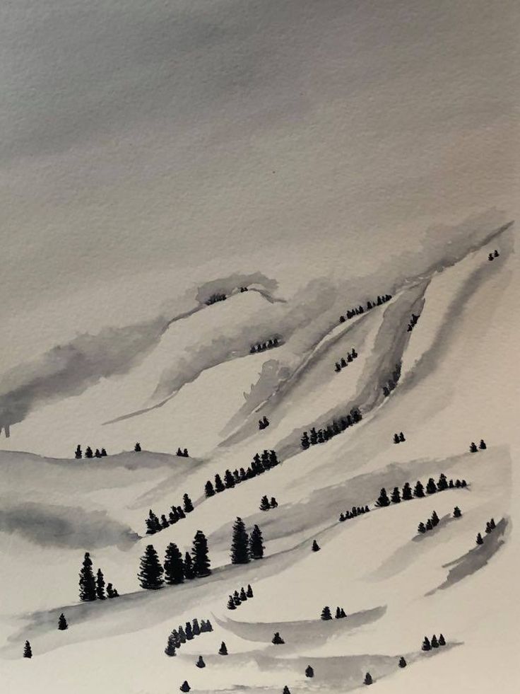 a painting of snow covered mountains with trees